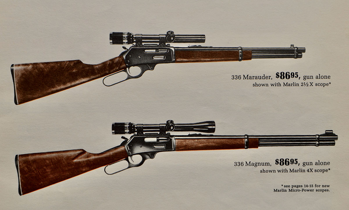 The Marlin Model 336 Marauder, new in 1964 but only around for a couple of years. The price ($86.95) was hefty enough for the time, when it constituted a good week’s salary for the average guy. The Marauder would, alas, have been admirably suited to the 44 Magnum.